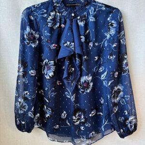 White House Black Market,  Blue Ruffle Front Blouse With Metallic, Size 4